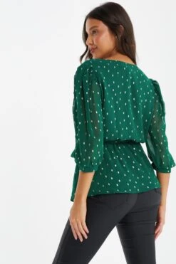 Bottle Green Chiffon Foil Peplum Top -Princess Style Shop 00100035822 XB