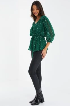 Bottle Green Chiffon Foil Peplum Top -Princess Style Shop 00100035822 XS