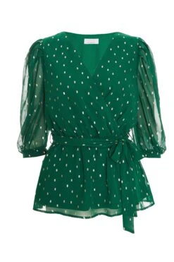 Bottle Green Chiffon Foil Peplum Top