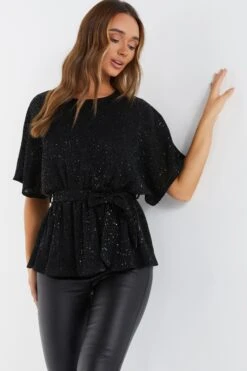 Black Sequin Batwing Peplum Top -Princess Style Shop 00100035864 XM