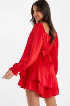 Red Satin Balloon Sleeve Playsuit -Princess Style Shop 00100035878 XB