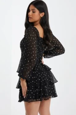 Black Chiffon Foil Tiered Mini Dress -Princess Style Shop 00100035887 XB