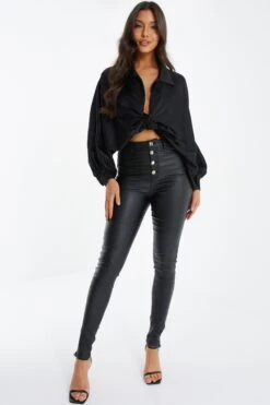 Black Faux Leather Button Up Trousers -Princess Style Shop 00100035911 XS