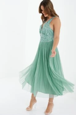 Green Sequin Tulle Midi Dress -Princess Style Shop 00100035920 XS