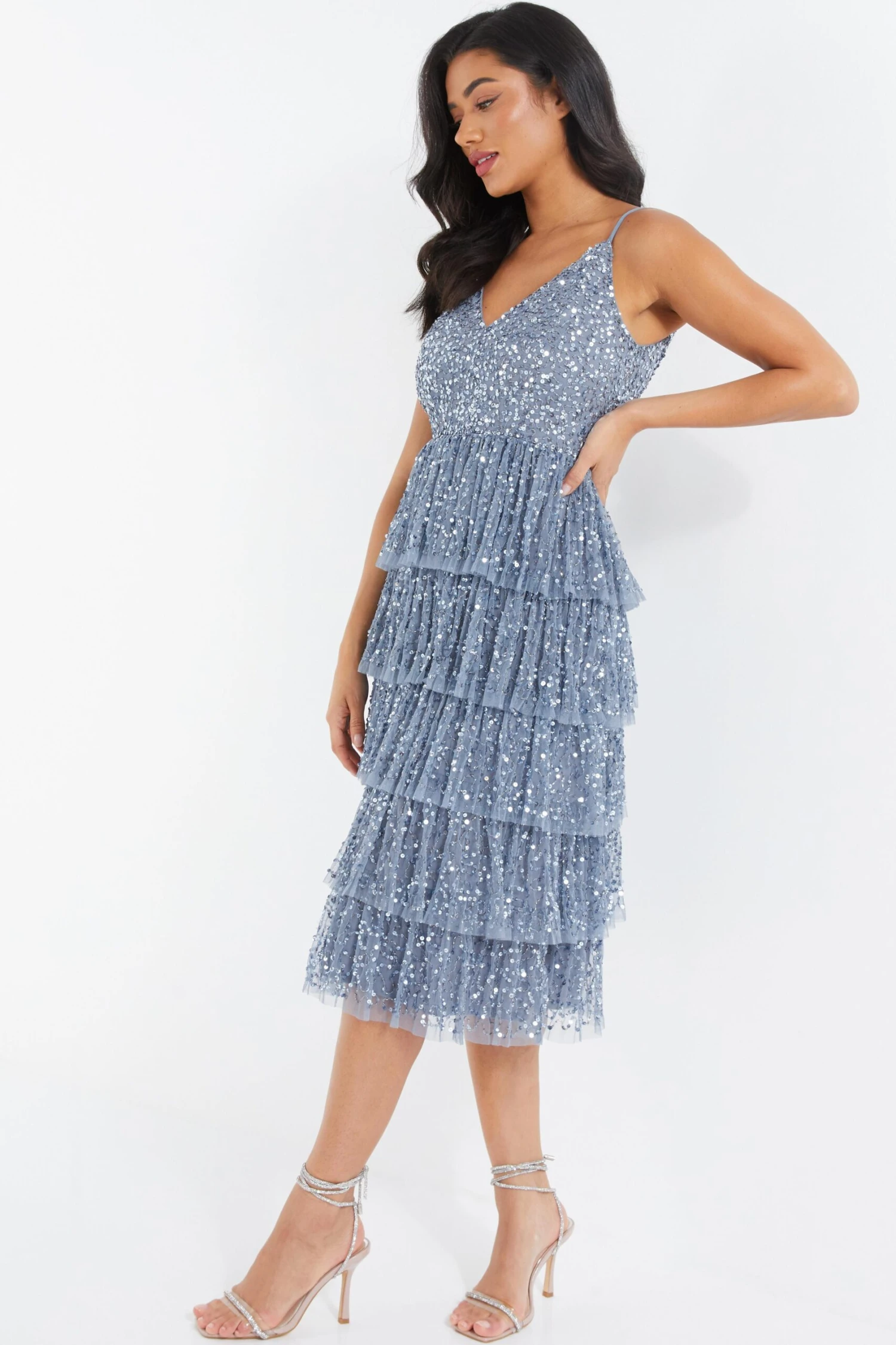 Blue Sequin Tiered Midi Dress 6 Blue Sequin Tiered Midi Dress - Image 4