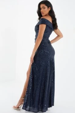 Navy Sequin Ruched Maxi Dress -Princess Style Shop 00100035930 XB
