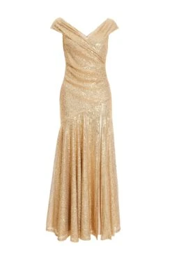 Gold Sequin Ruched Maxi Dress