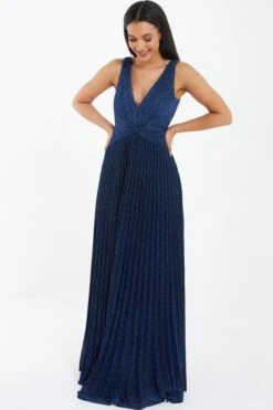 Navy Shimmer Pleated Maxi Dress -Princess Style Shop 00100035935 XS