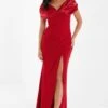Red Satin Bardot Maxi Dress -Princess Style Shop 00100035936 XM