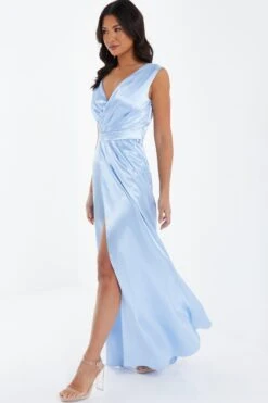 Light Blue Satin Wrap Split Leg Maxi Dress -Princess Style Shop 00100035941 XS