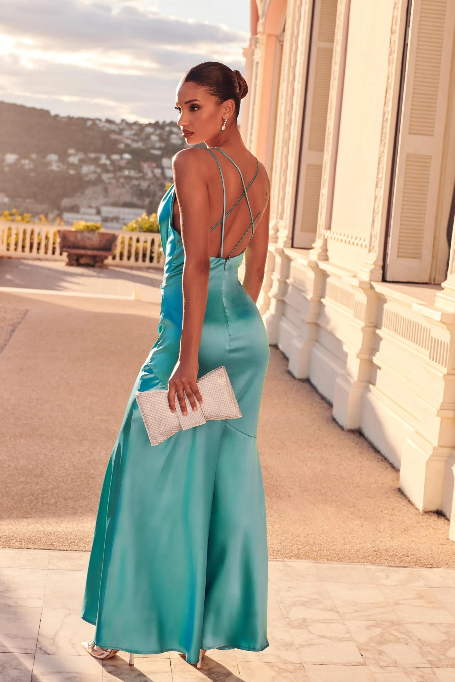 Aqua Satin Cross Back Maxi Dress 5 Aqua Satin Cross Back Maxi Dress - Image 3