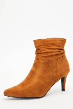 Tan Faux Suede Ruched Heeled Ankle Boots -Princess Style Shop 00100035971 XB
