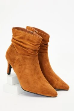 Tan Faux Suede Ruched Heeled Ankle Boots -Princess Style Shop 00100035971 XS
