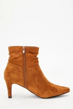 Tan Faux Suede Ruched Heeled Ankle Boots -Princess Style Shop 00100035971 ZS
