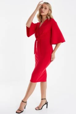 Red Tie Front Midi Dress -Princess Style Shop 00100035999 XS