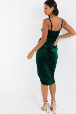 Bottle Green Velvet Ruched Midi Dress -Princess Style Shop 00100036001 XB
