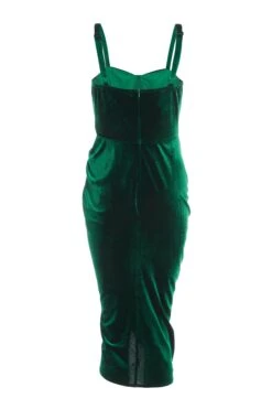 Bottle Green Velvet Ruched Midi Dress -Princess Style Shop 00100036001 ZB