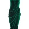 Bottle Green Velvet Ruched Midi Dress -Princess Style Shop 00100036001 ZM