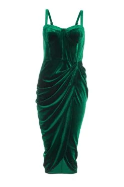 Bottle Green Velvet Ruched Midi Dress