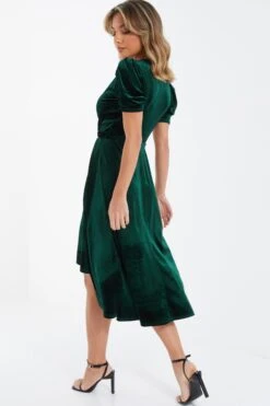 Bottle Green Velvet Wrap Midi Dress -Princess Style Shop 00100036005 XB