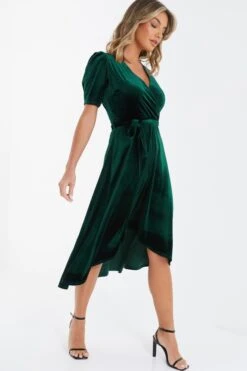 Bottle Green Velvet Wrap Midi Dress -Princess Style Shop 00100036005 XS