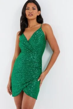 Green Sequin Wrap Mini Dress -Princess Style Shop 00100036006 XM