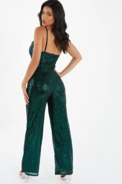 Bottle Green Sequin Cowl Neck Palazzo Jumpsuit -Princess Style Shop 00100036010 XB