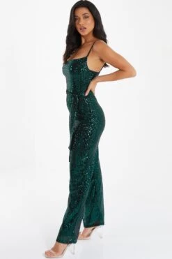 Bottle Green Sequin Cowl Neck Palazzo Jumpsuit -Princess Style Shop 00100036010 XS