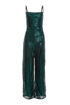 Bottle Green Sequin Cowl Neck Palazzo Jumpsuit