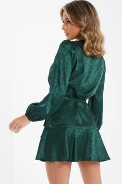 Bottle Green Satin Jacquard Floral Mini Dress 10 Bottle Green Satin Jacquard Floral Mini Dress -Princess Style Shop 00100036024 XB