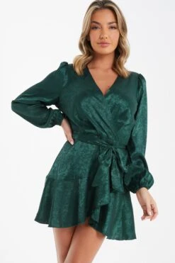 Bottle Green Satin Jacquard Floral Mini Dress 9 Bottle Green Satin Jacquard Floral Mini Dress -Princess Style Shop 00100036024 XM