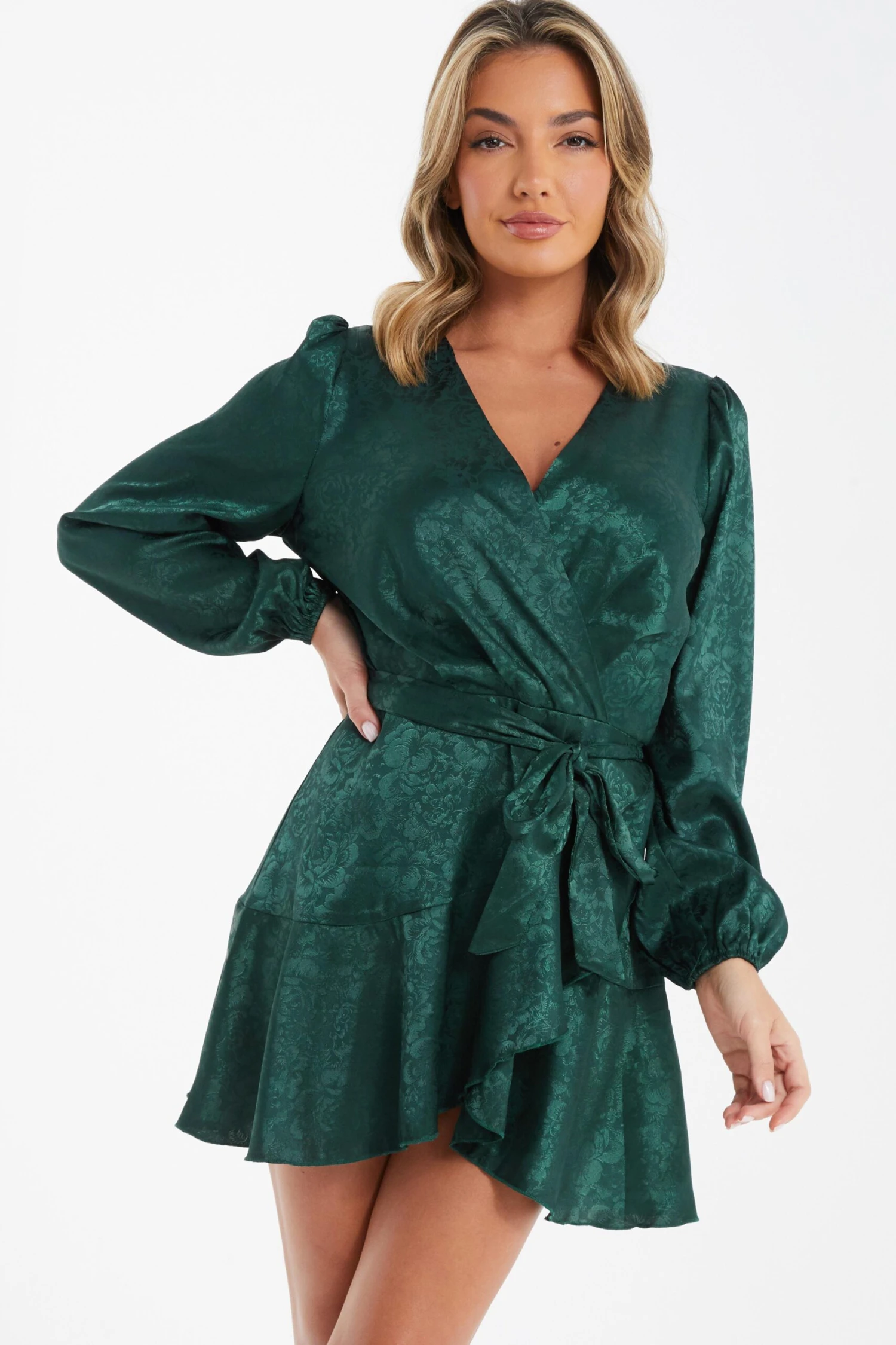 Bottle Green Satin Jacquard Floral Mini Dress 4 Bottle Green Satin Jacquard Floral Mini Dress - Image 2