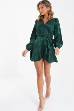 Bottle Green Satin Jacquard Floral Mini Dress 11 Bottle Green Satin Jacquard Floral Mini Dress -Princess Style Shop 00100036024 XS