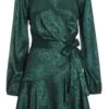 Bottle Green Satin Jacquard Floral Mini Dress -Princess Style Shop 00100036024 ZM