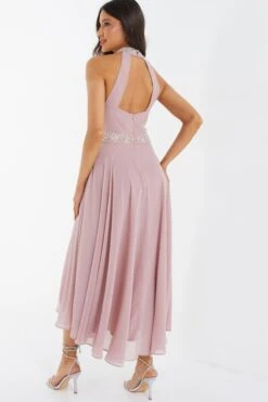 Pink Embellished Chiffon High Neck Midaxi Dress -Princess Style Shop 00100036088 XB