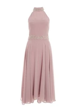 Pink Embellished Chiffon High Neck Midaxi Dress