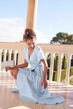 Light Blue Satin Wrap Maxi Dress -Princess Style Shop 00100036140 XB