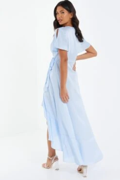 Light Blue Satin Wrap Maxi Dress -Princess Style Shop 00100036140 XS