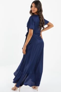 Navy Satin Wrap Maxi Dress -Princess Style Shop 00100036141 XB