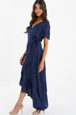 Navy Satin Wrap Maxi Dress -Princess Style Shop 00100036141 XS