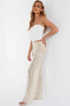Champagne Sequin Palazzo Trousers -Princess Style Shop 00100036145 XS