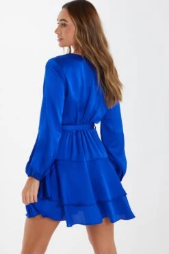 Blue Satin Wrap Mini Skater Dress -Princess Style Shop 00100036162 XB