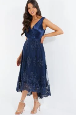 Navy Embroidered Dip Hem Dress -Princess Style Shop 00100036183 XS