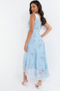 Blue Embroidered Dip Hem Dress -Princess Style Shop 00100036187 XB