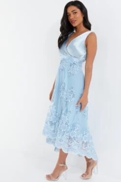 Blue Embroidered Dip Hem Dress -Princess Style Shop 00100036187 XS