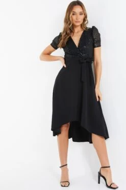 Black Sequin Wrap Dip Hem Midi Dress -Princess Style Shop 00100036189 XM