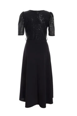 Black Sequin Wrap Dip Hem Midi Dress -Princess Style Shop 00100036189 ZB