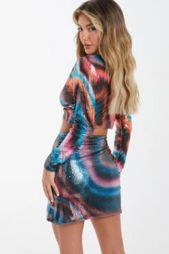 Multicoloured Sequin Marble Print Mini Skirt -Princess Style Shop 00100036199 XB