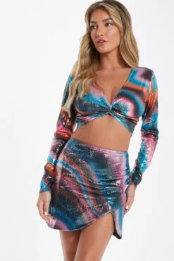 Multicoloured Sequin Marble Print Mini Skirt -Princess Style Shop 00100036199 XM