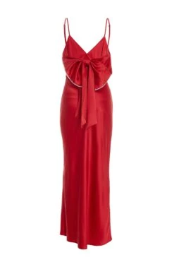 Red Satin Bow Midaxi Dress -Princess Style Shop 00100036243 ZB